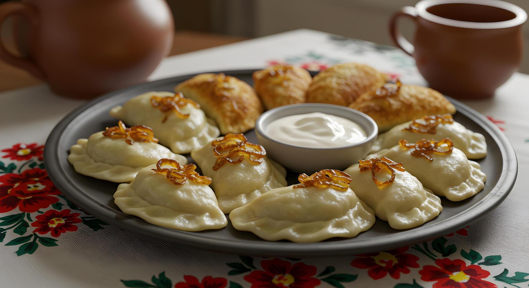 Appetizing pierogi dumplings on rustic plate with sour cream and fried onions photo
