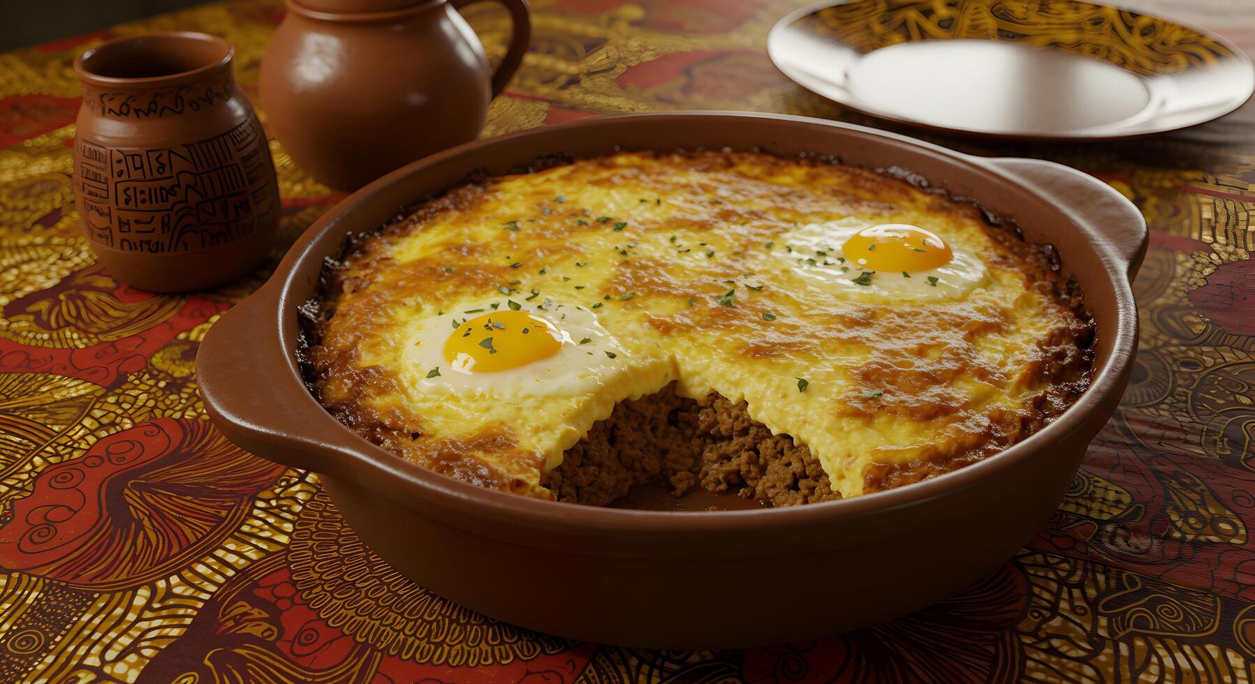 Exotic shepherd's pie with sunny side up eggs served in rustic style photo