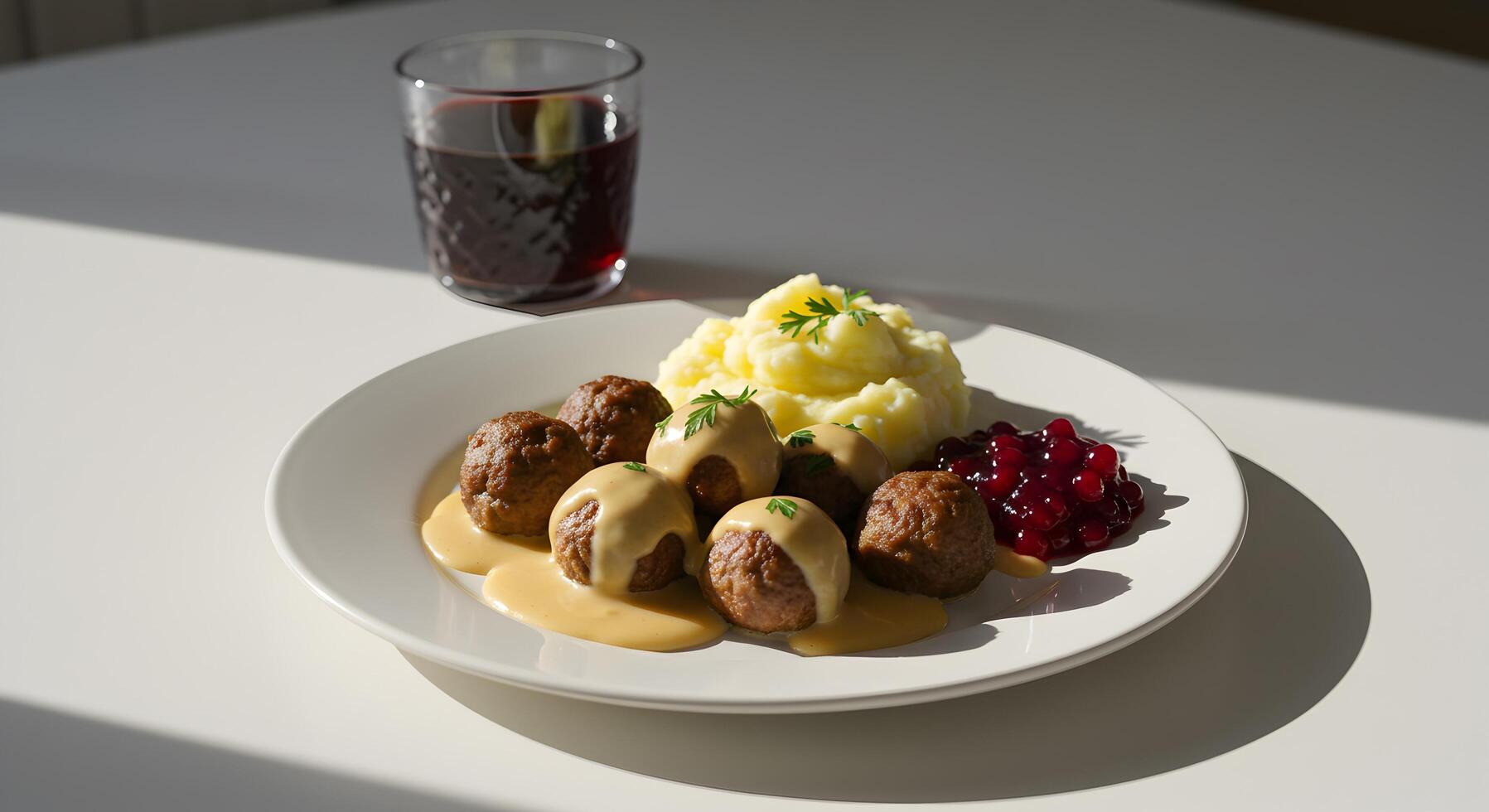 Plate of Swedish meatballs with mashed potatoes and lingonberry jam photo