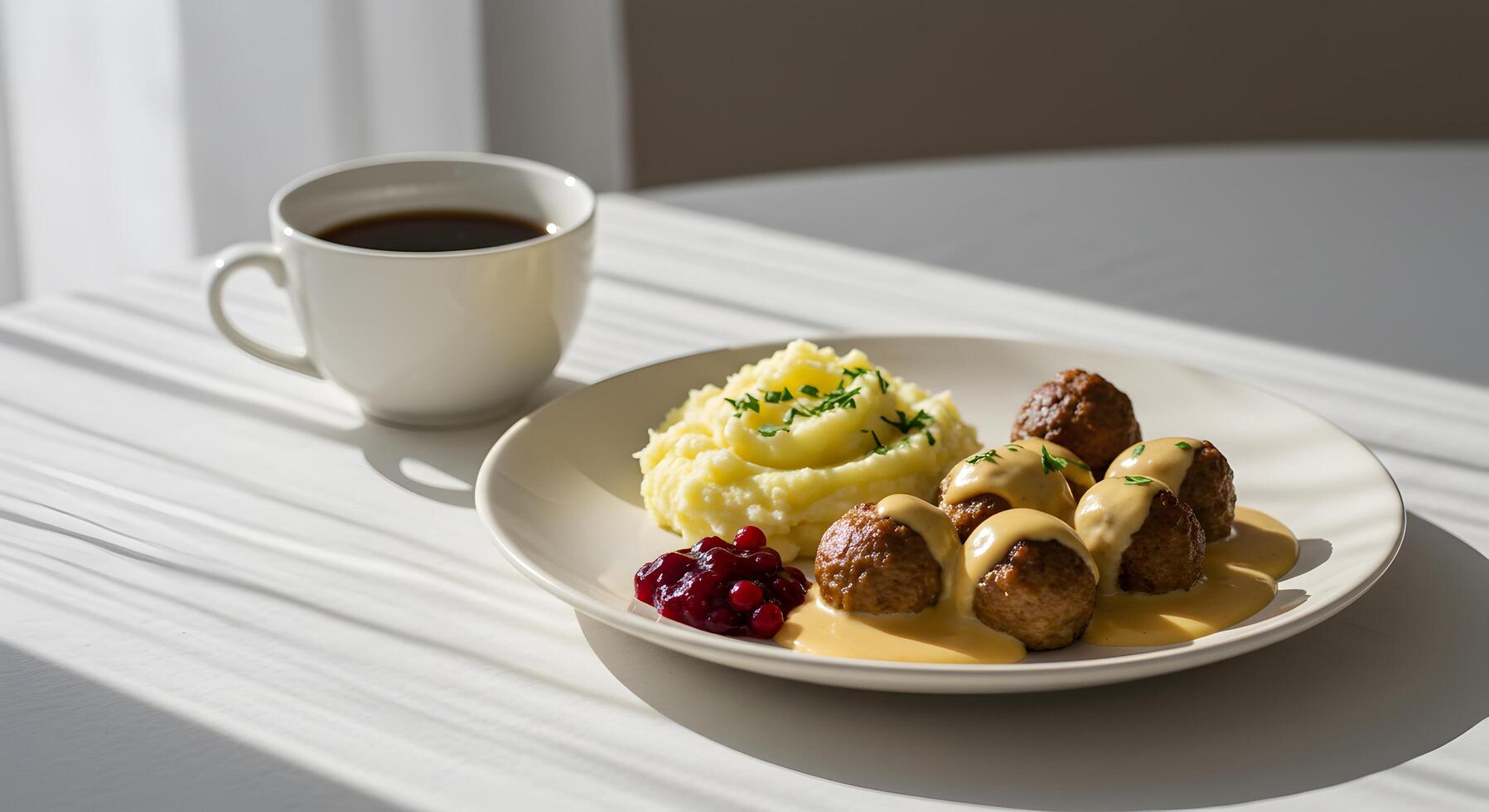 Delightful swedish meatballs meal with lingonberry jam and creamy mashed potatoes photo