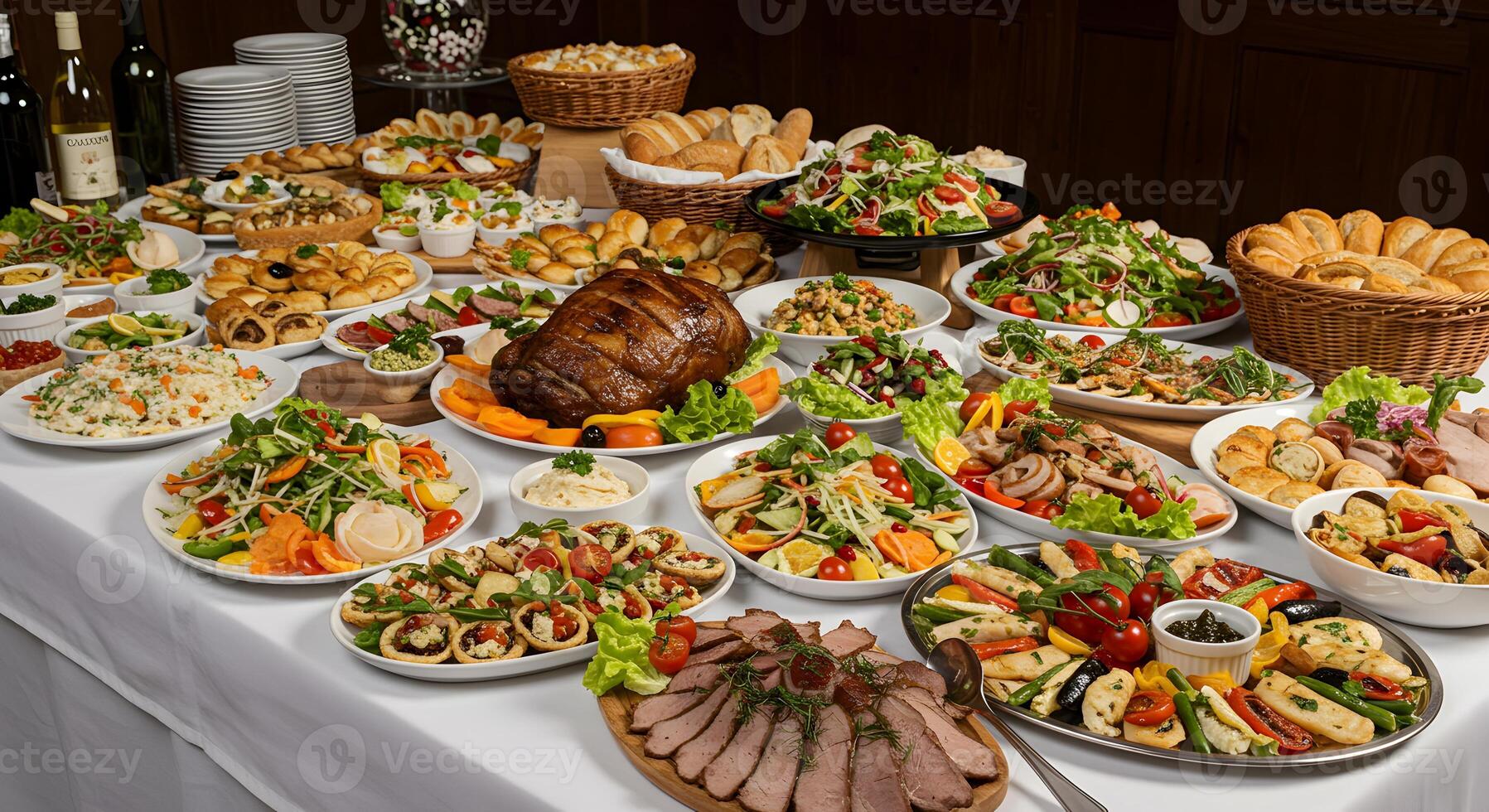 Lavish buffet arrangement featuring a diverse assortment of culinary delicacies photo