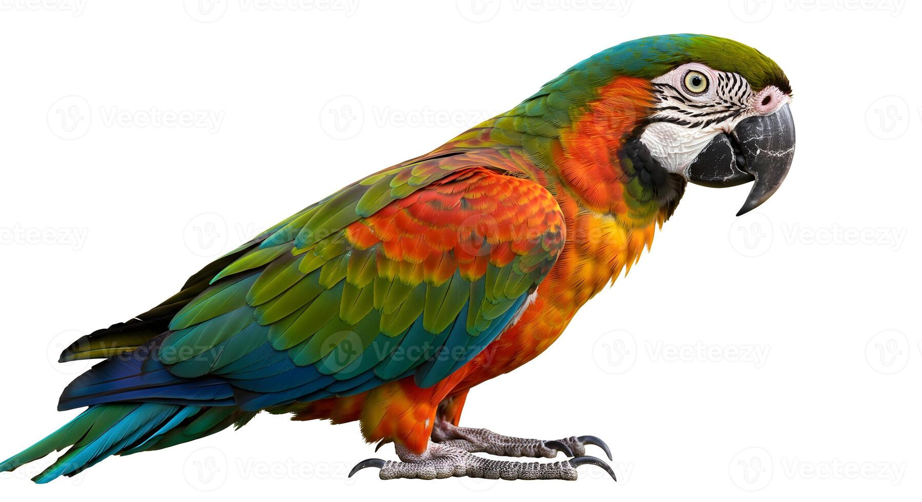 Striking portrait of a majestic macaw, showcasing vibrant plumage and intricate detail photo