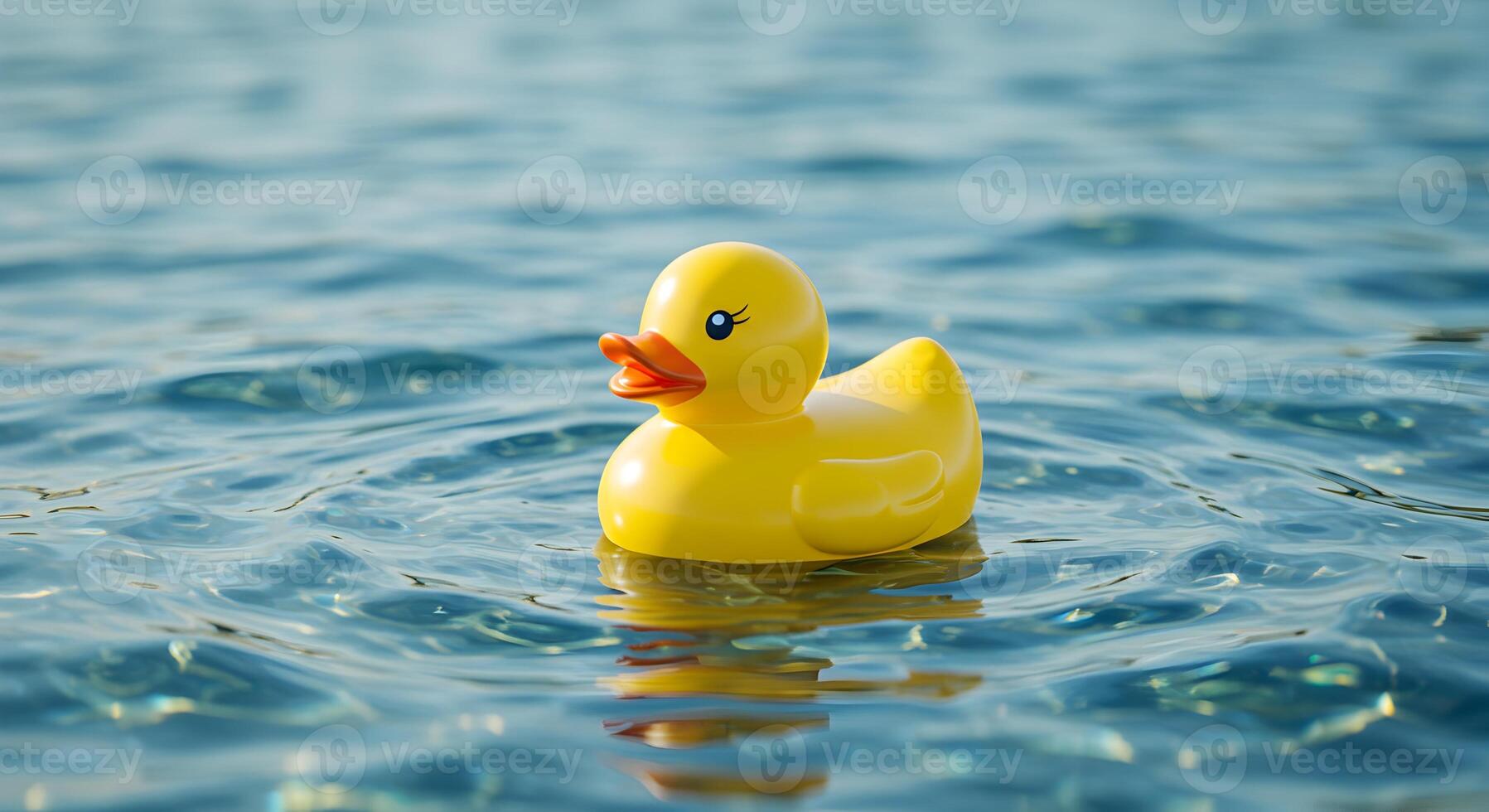 Tranquil scene of a vibrant yellow rubber duck peacefully floating on rippling water photo
