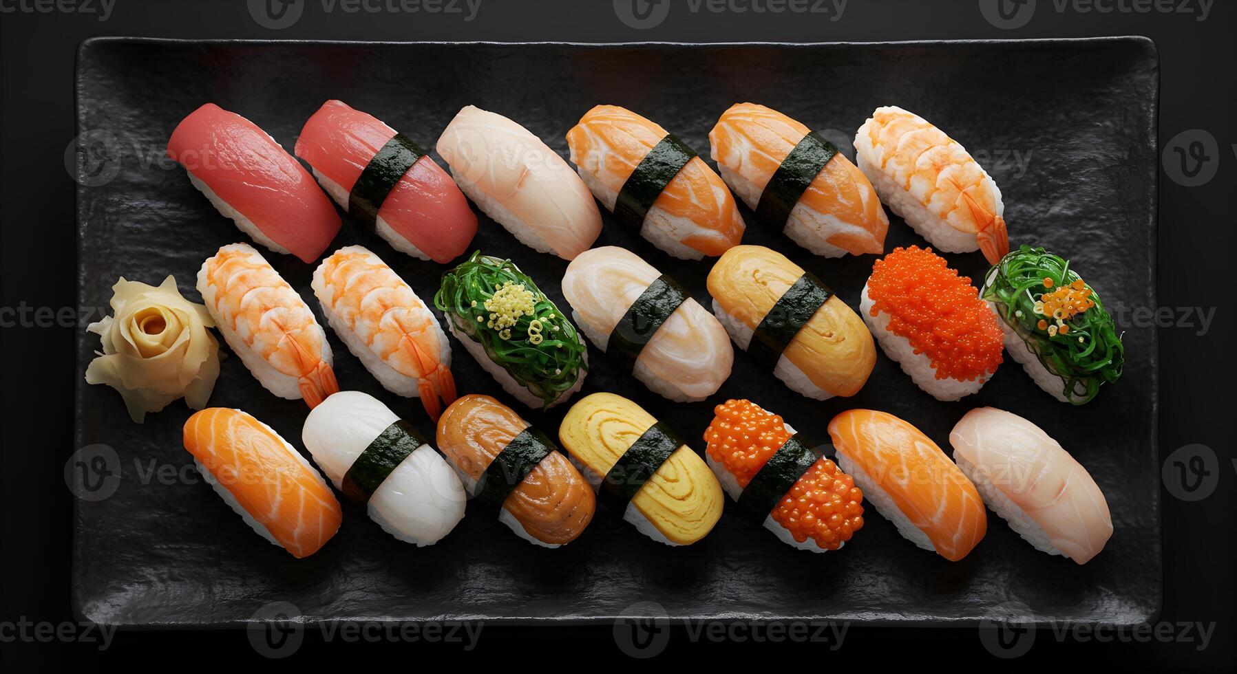 Exquisite Nigiri Sushi Assortment Displayed on a Dark Textured Plate photo
