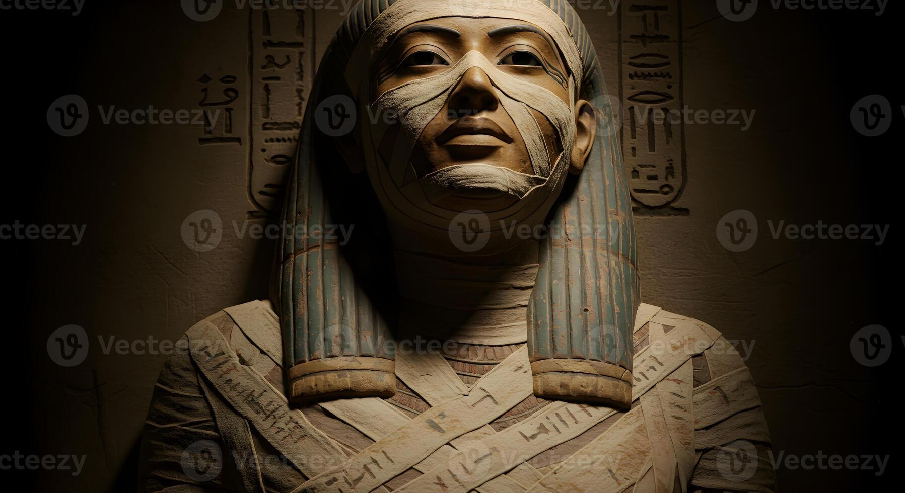 Mummified statue with intricate wrappings and hieroglyphic inscriptions, ancient figure photo