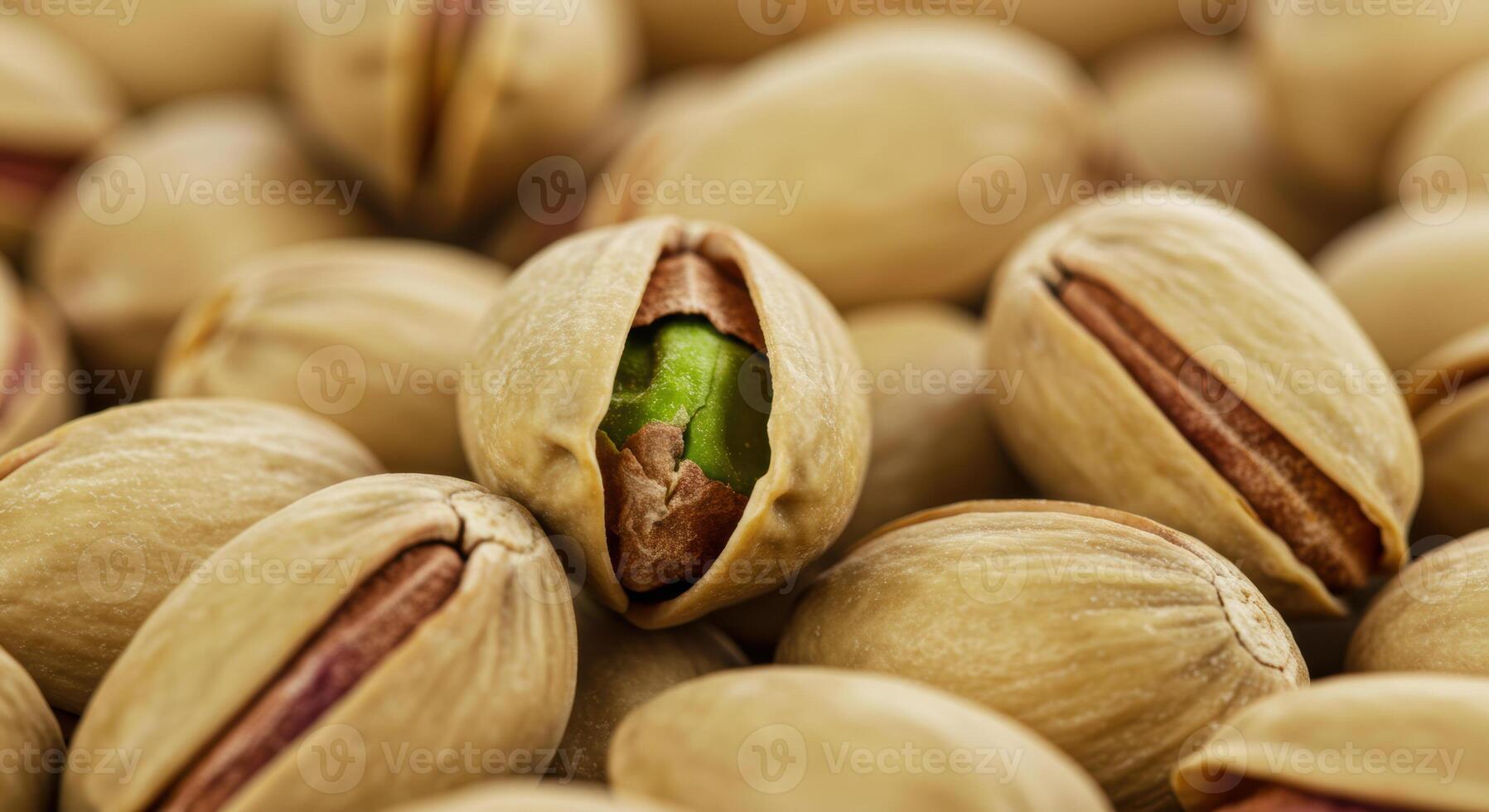A close-up shot showcases a collection of pistachios, some with open shells and vibrant green nuts. photo