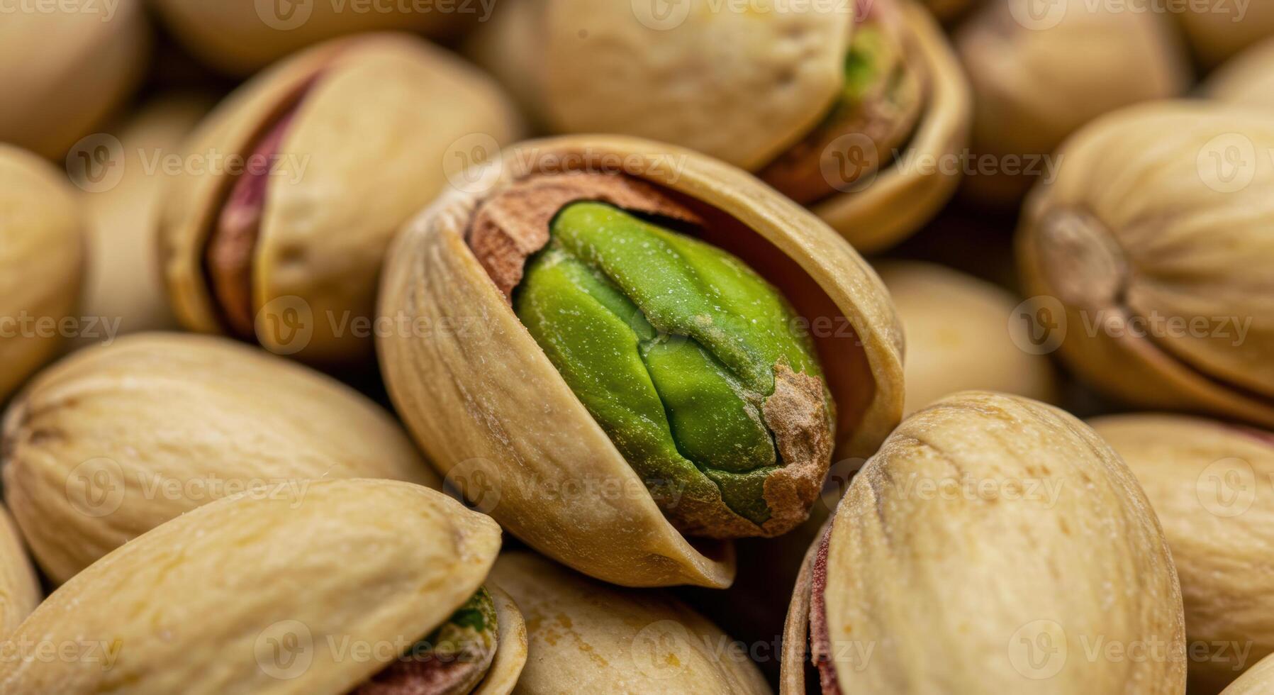 Close-up image showcases pistachios, one open to reveal the vibrant green nut. photo