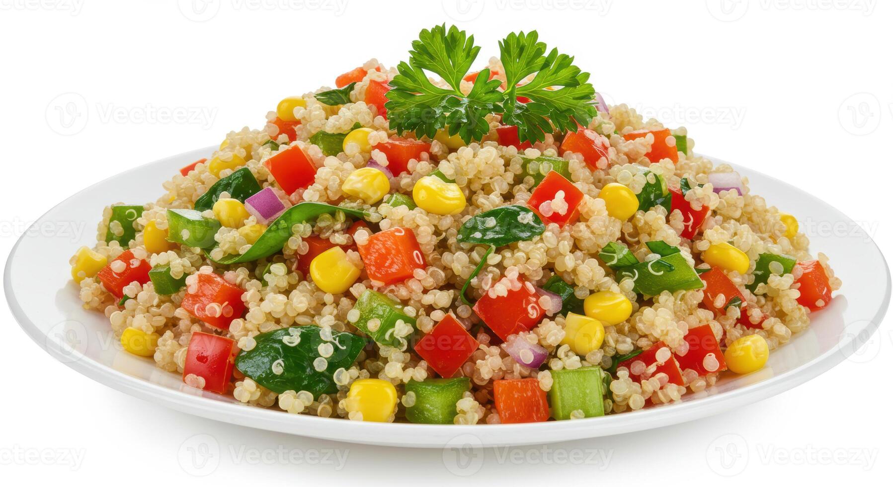 A colorful and healthy quinoa salad with mixed vegetables on a white plate. photo