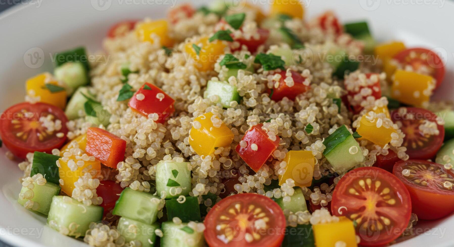 A delightful quinoa salad featuring an array of fresh, colorful vegetables, perfect for a healthy meal. photo
