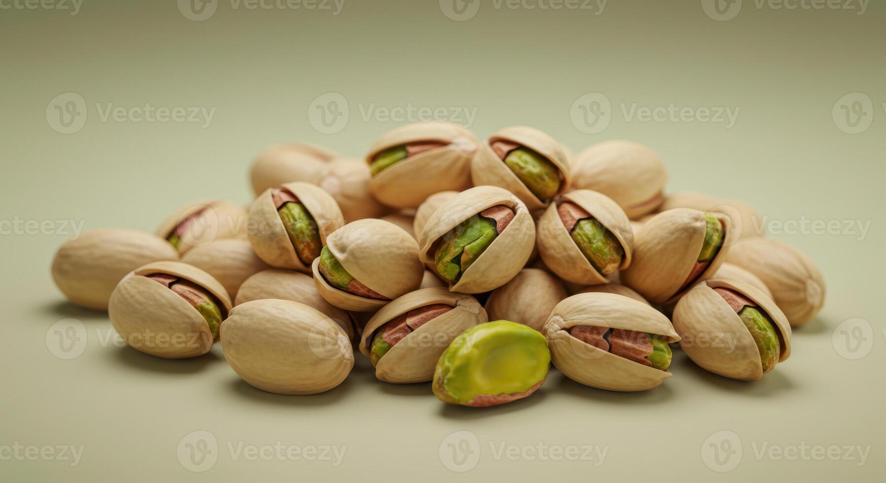 A pile of pistachios, some open and showing their green interiors, against a soft green backdrop. photo