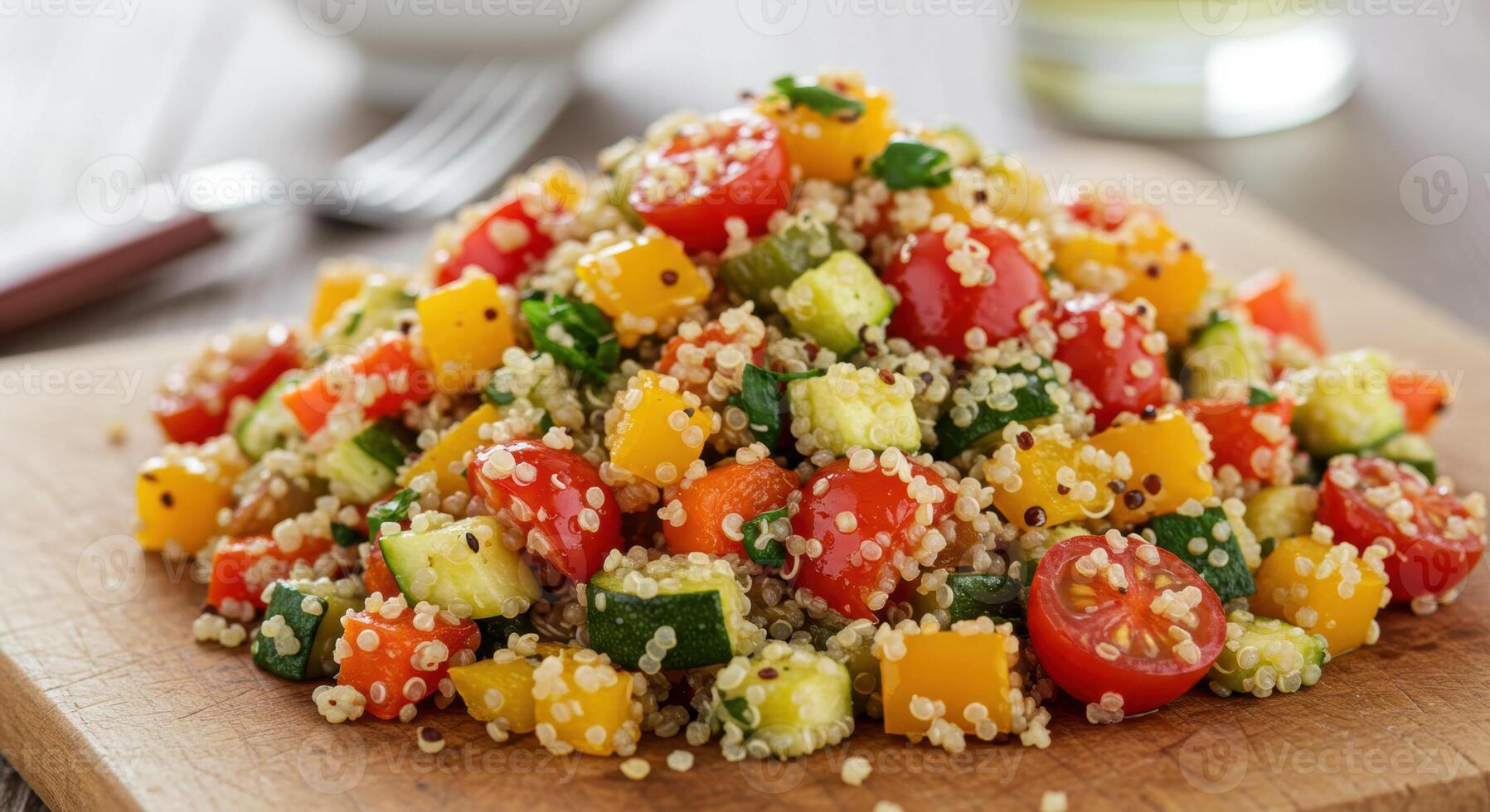 A vibrant and healthy quinoa salad with fresh vegetables ready to enjoy. photo