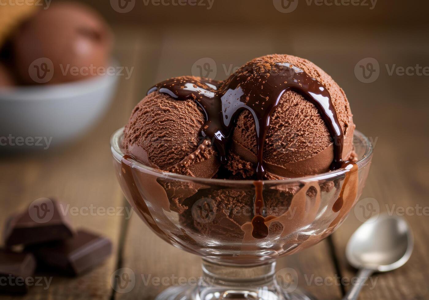 Chocolate ice cream scoops in a glass with chocolate sauce, ready to eat and enjoy. photo