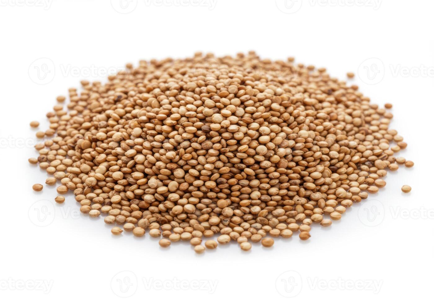 A pile of quinoa grains, a healthy and nutritious food source, sits on a white backdrop. photo