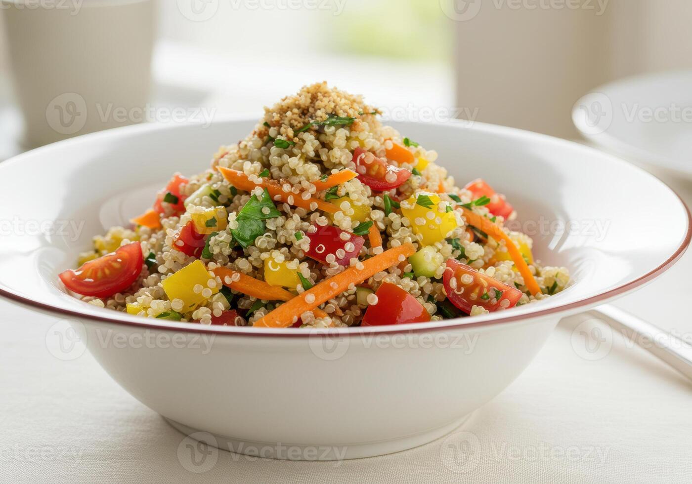 Delicious and healthy quinoa salad with fresh vegetables in a white bowl. photo