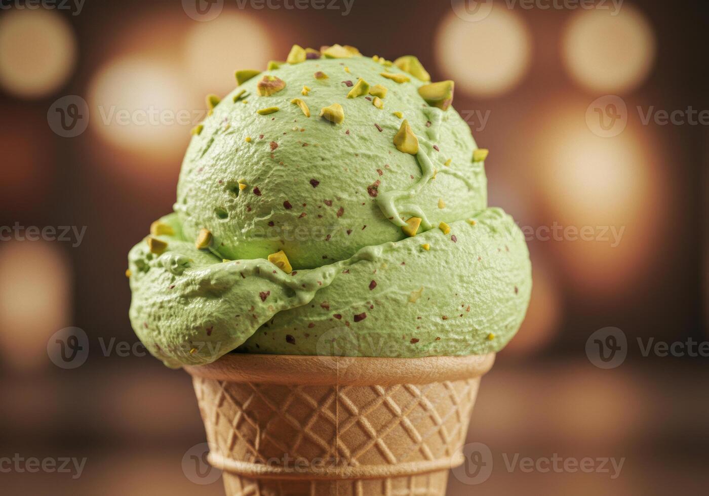 A close up shot of pistachio ice cream in a waffle cone, perfect for summer. photo
