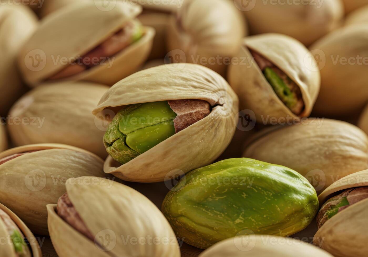 A macro shot reveals a pile of fresh, appetizing pistachios with open shells. photo