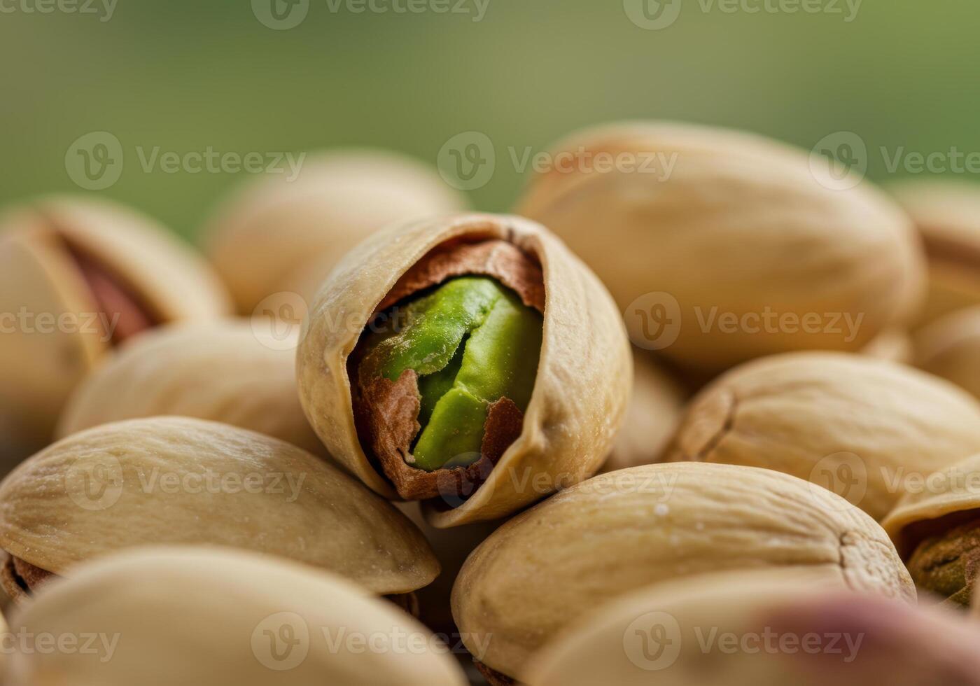 A close-up view of pistachios, with one open showing the vibrant green nut inside. photo