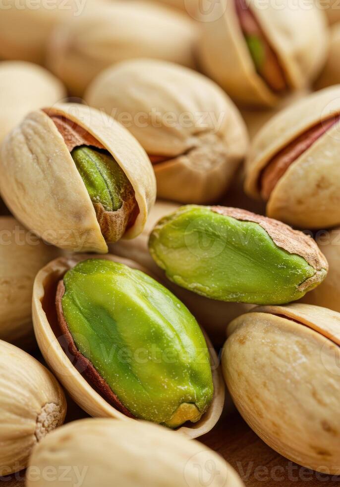 A close-up view of fresh pistachios, with some nuts shelled, ready to eat. photo
