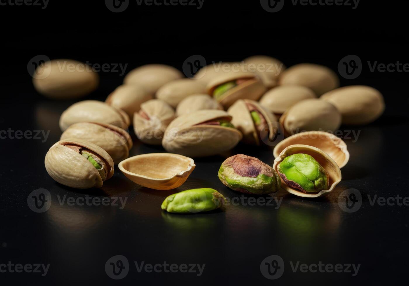 A close up view of pistachios on a black surface, some opened and some closed. photo