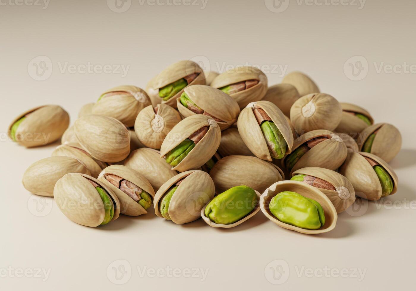 A pile of fresh pistachios, some opened up and ready to be eaten. photo