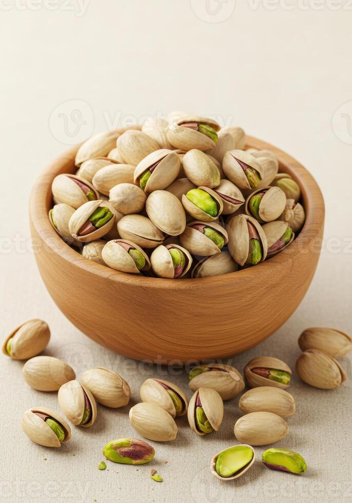 A wooden bowl is filled to the brim with pistachios, ready to eat and enjoy. photo