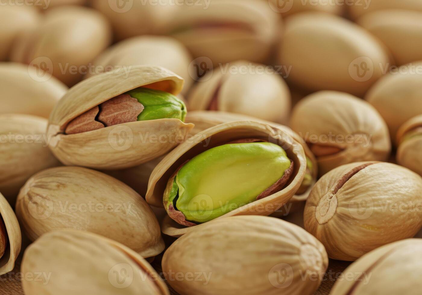 Vibrant green pistachios, some cracked open, form a delicious and healthy snack. photo