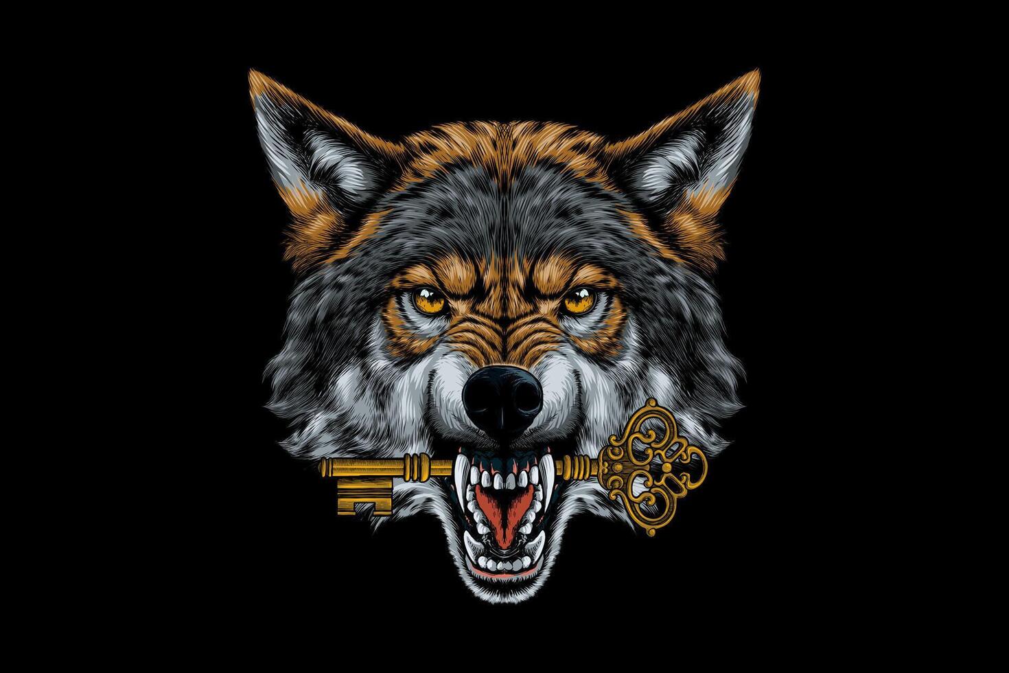 illustration of a wolf biting a key vector