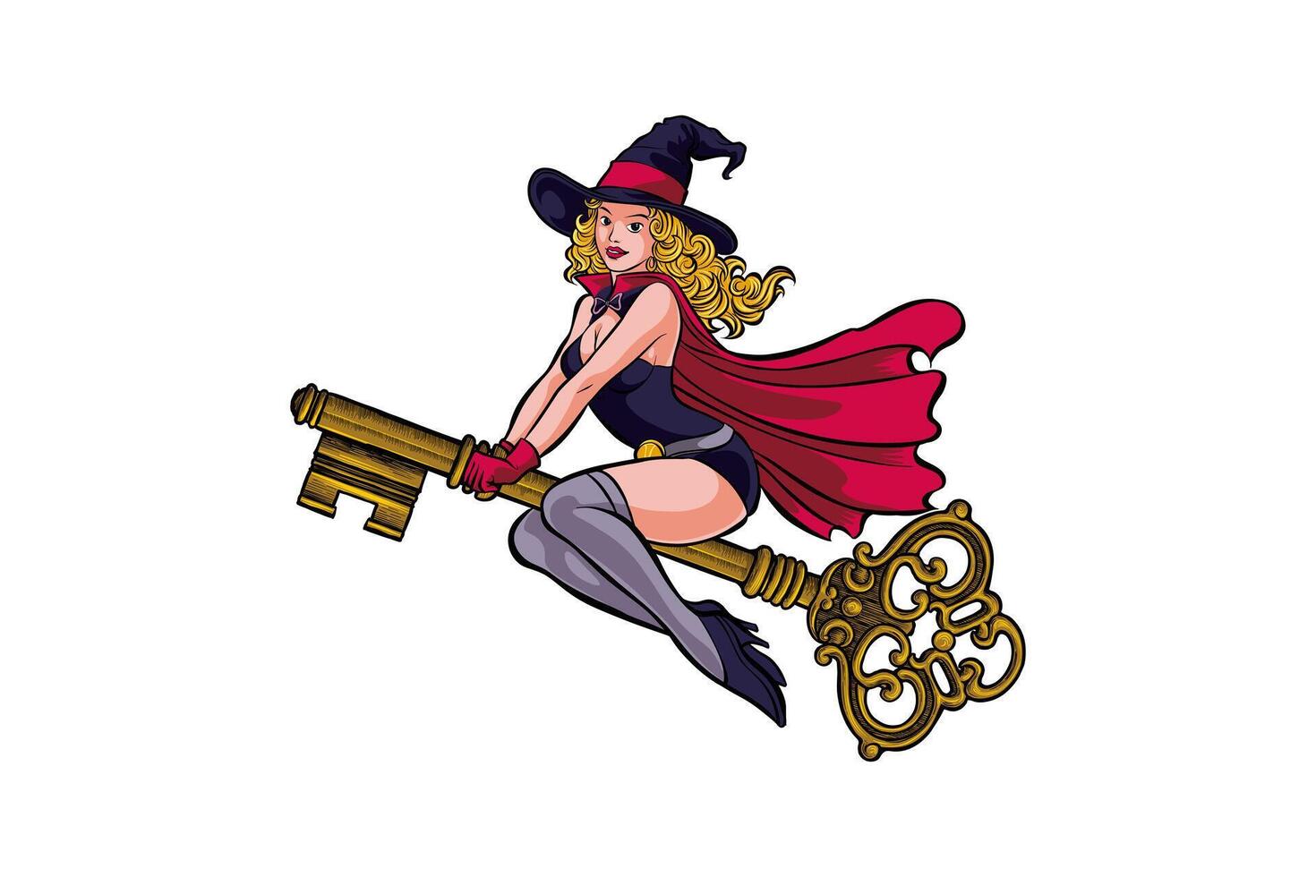 illustration of a witch riding a vintage key vector