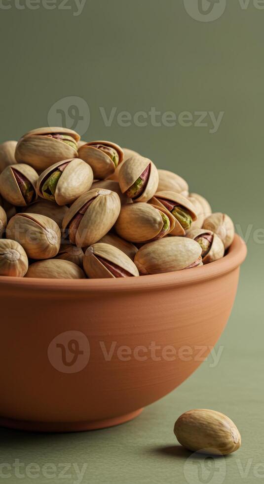 Close-up of a bowl filled with fresh pistachios on a green backdrop. photo