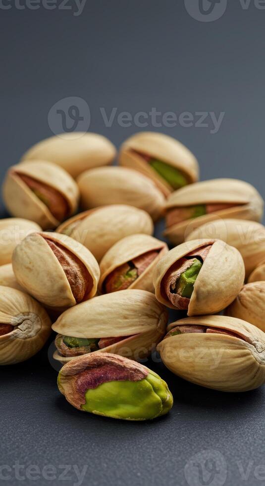 A close-up image presents fresh pistachios, some open, against a dark backdrop. photo
