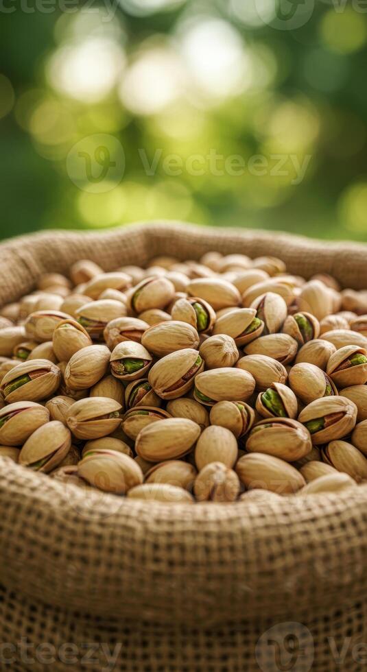 A full burlap sack filled with delicious pistachios, ready to be enjoyed. photo