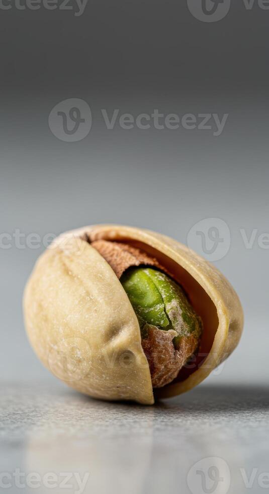 An isolated pistachio nut, partially open, showing its vibrant green kernel. photo