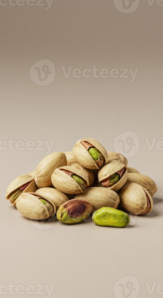A mound of fresh pistachios, some shelled, beautifully displayed on a neutral backdrop. photo