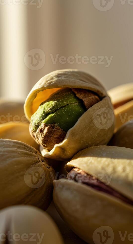 A single open pistachio, revealing the nut inside surrounded by others photo