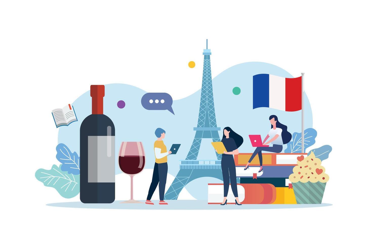 French language class with miniature people vector