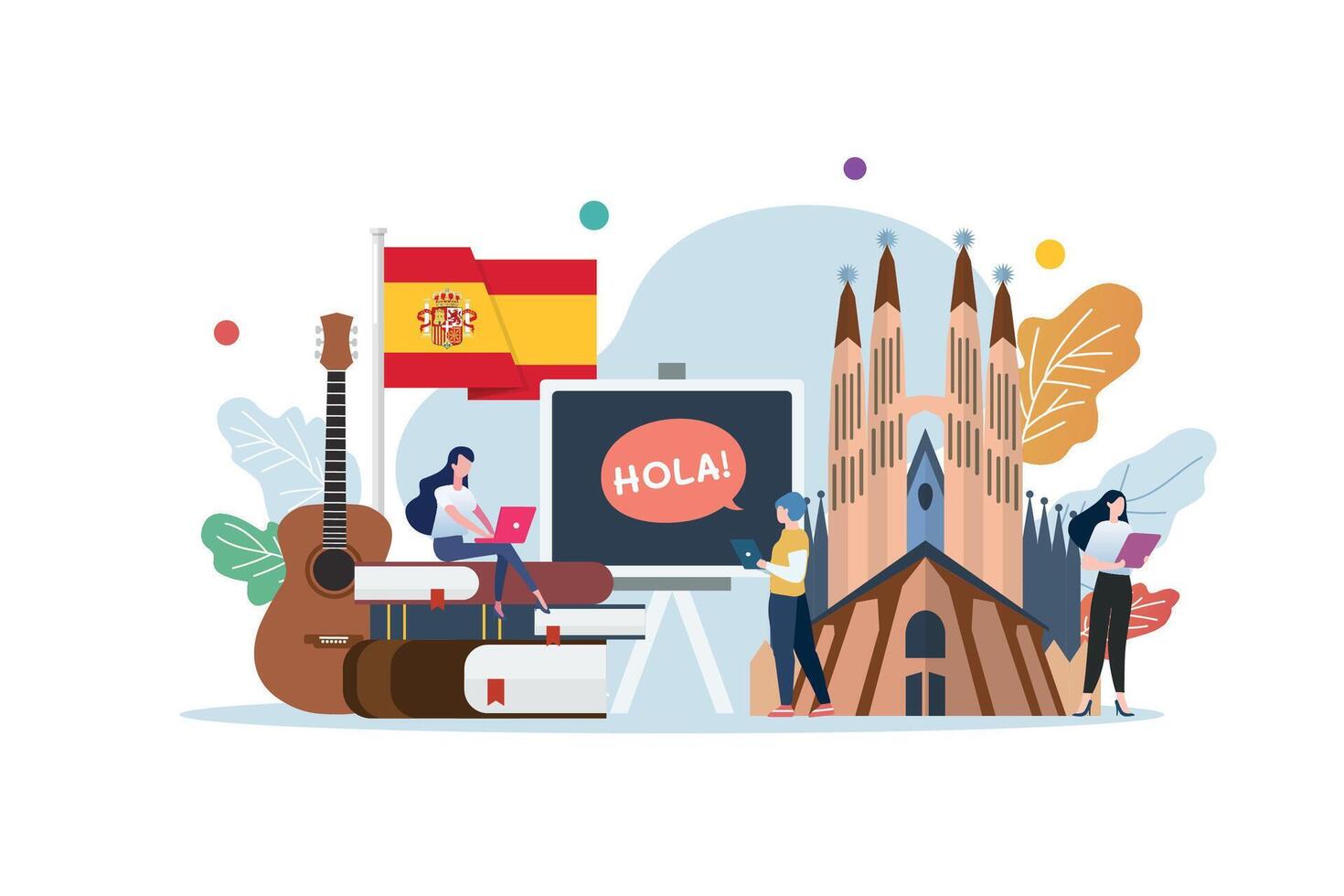 Spanish language class with miniature people vector