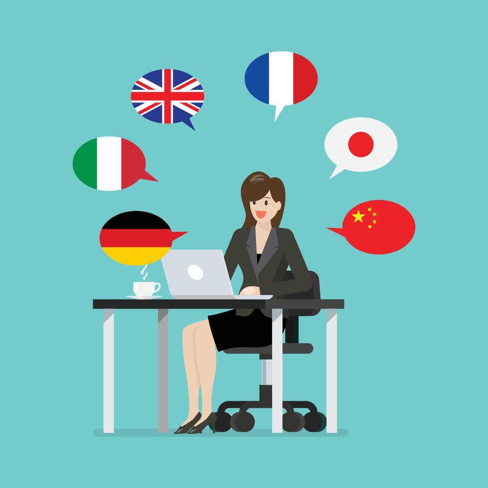 Language translator girl using social media app vector