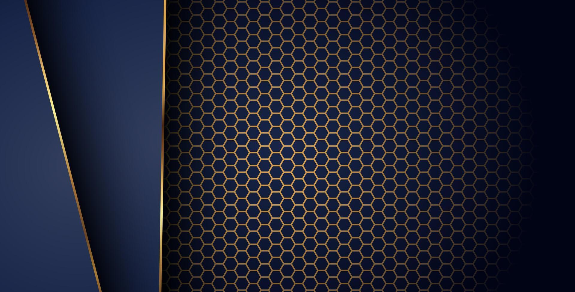 luxurious dark navy gold line overlap background with hexagon mesh pattern combination. elegant modern technology futuristic background. eps10 vector