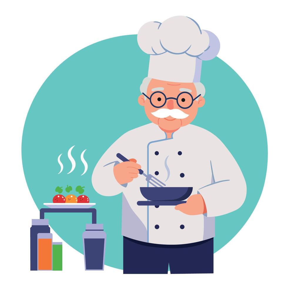 Senior chef illustration shows character cooking food wearing uniform. Happy chef cooks. vector