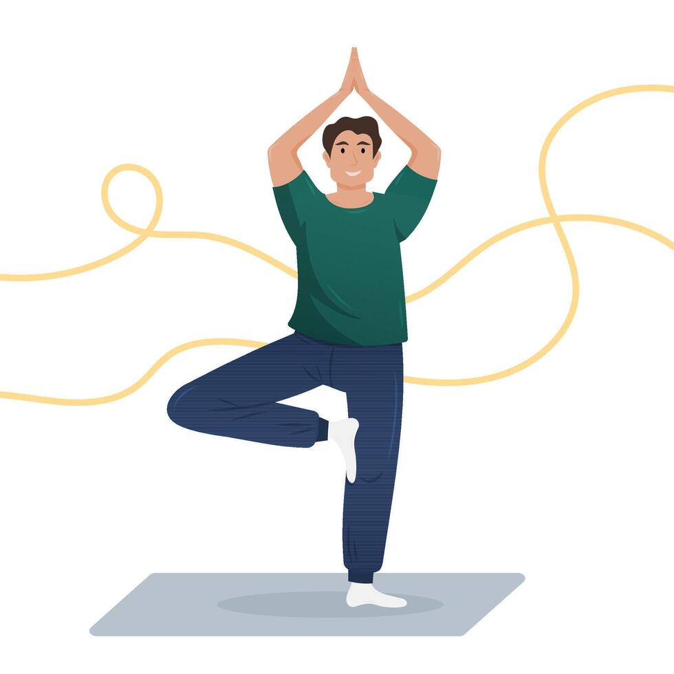 A man stands on one leg in a yoga pose, creating a peaceful ambiance. vector