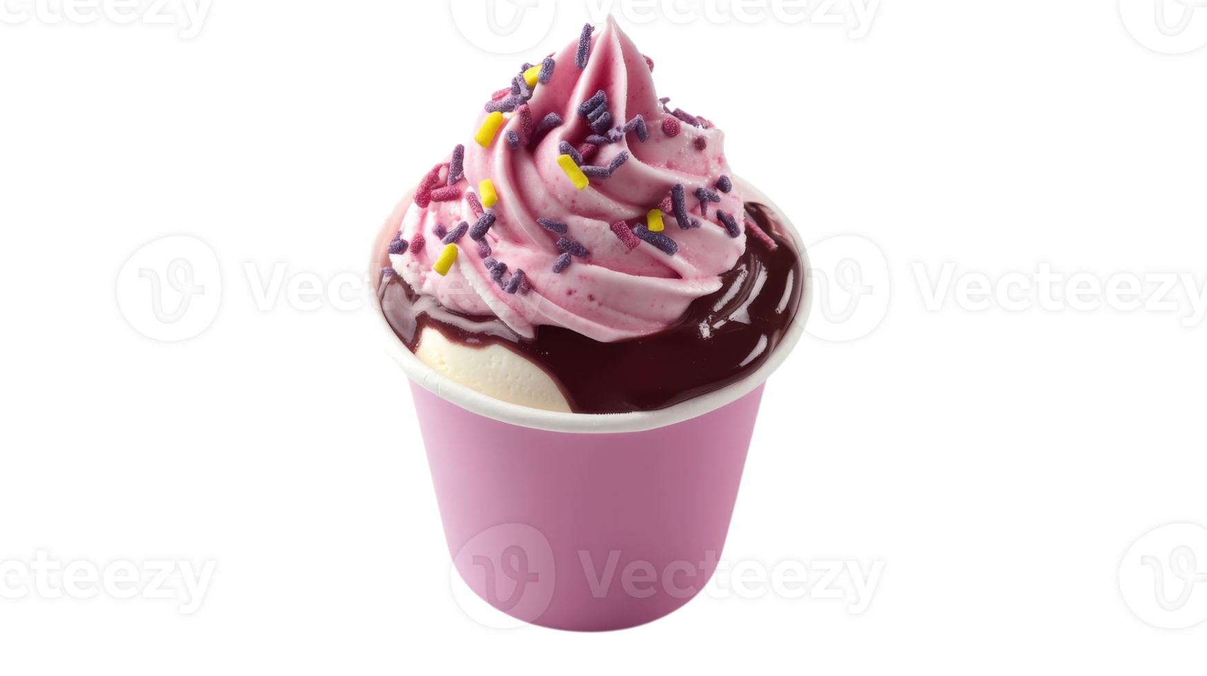 Delicious pink dessert topped with chocolate sauce and sprinkles, perfect for a summer treat png