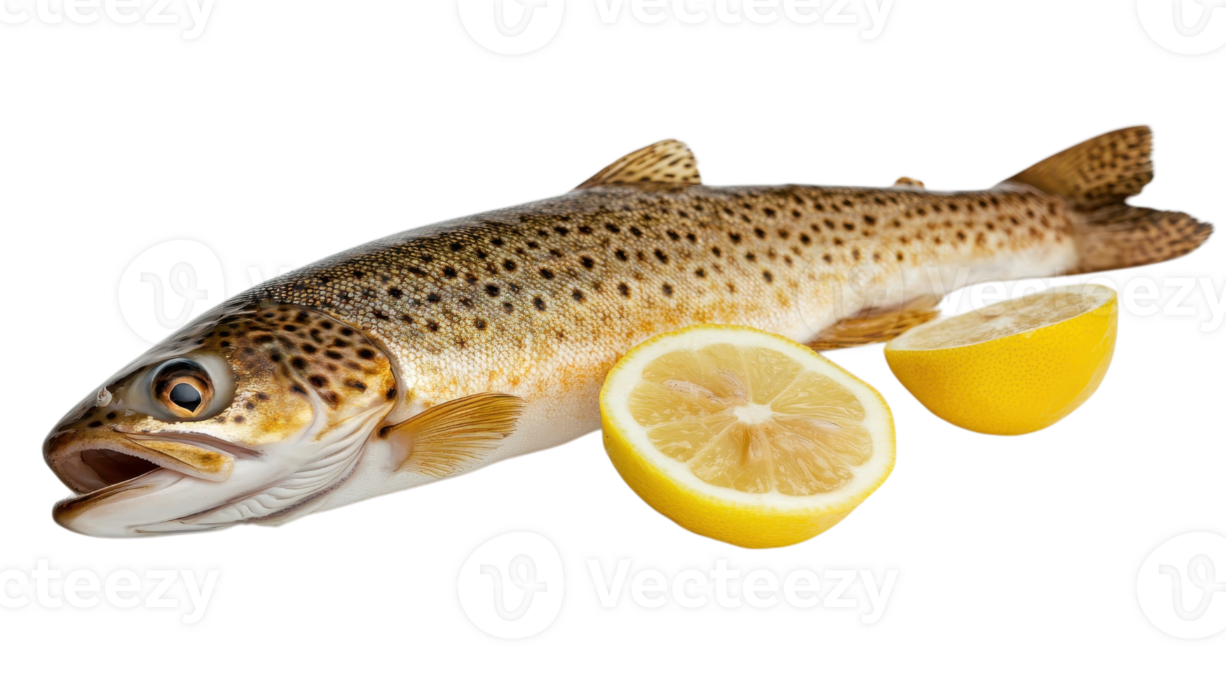 Freshly caught trout garnished with lemon slices on a rustic surface ready for cooking png