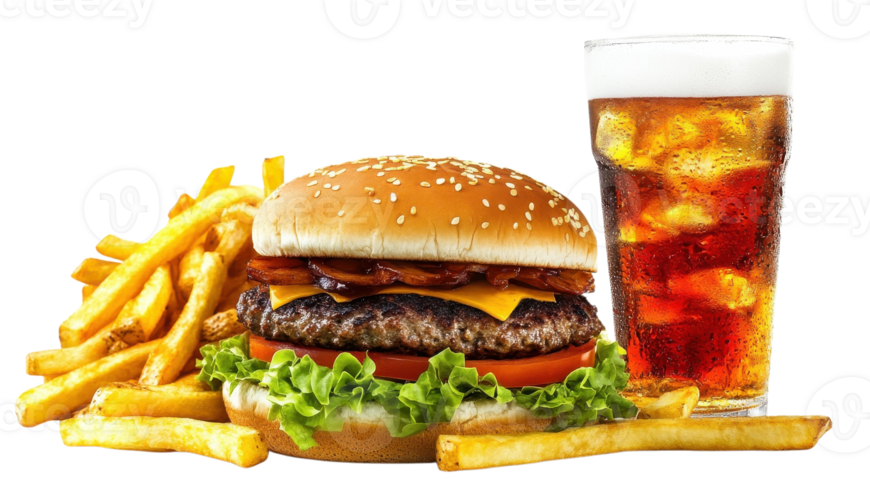 Delicious cheeseburger with crispy fries and cold beverage served on a plate in a casual dining setting png