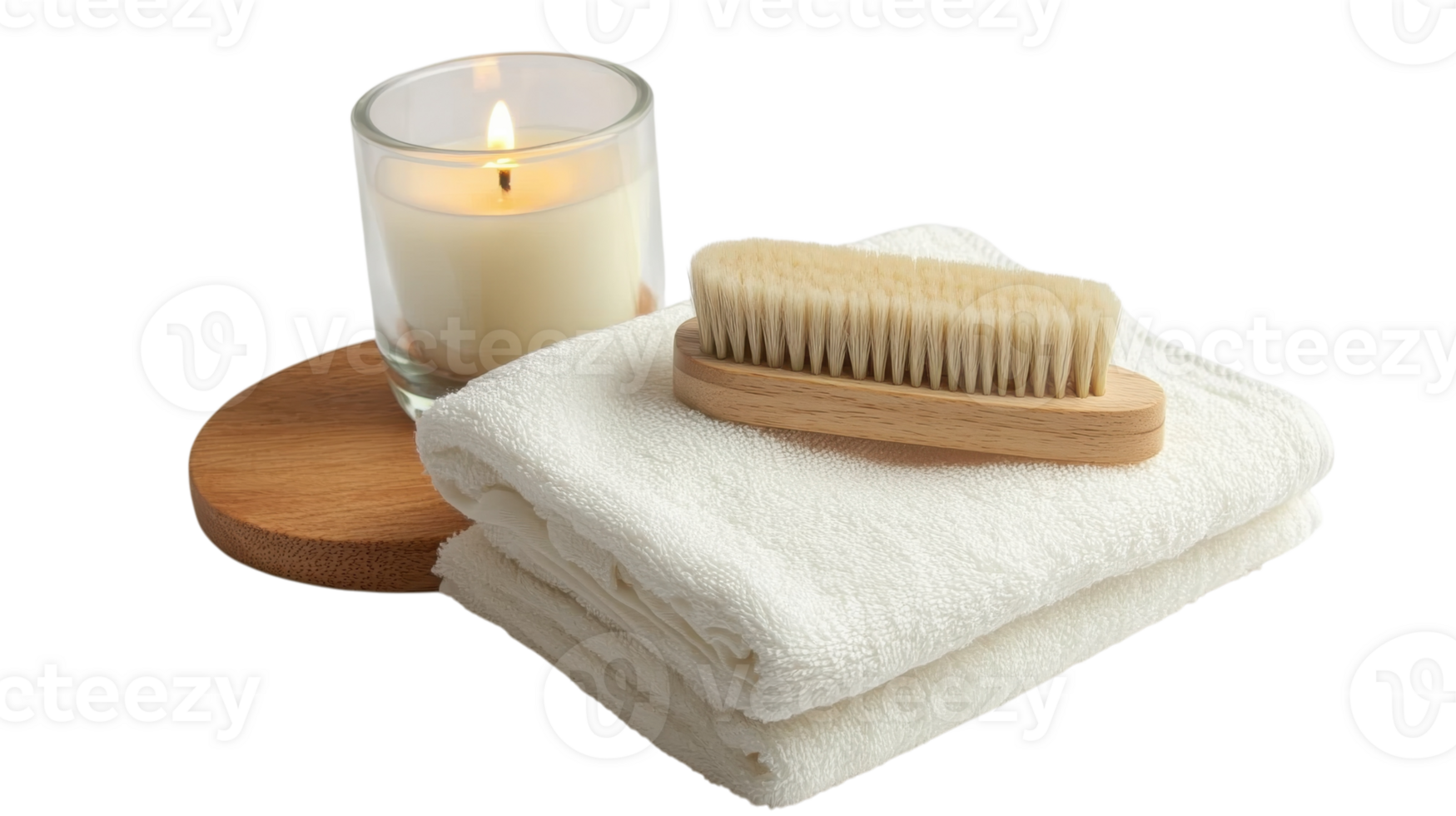 Relaxation setup featuring a candle, towels, and a wooden brush for a calming experience at home png