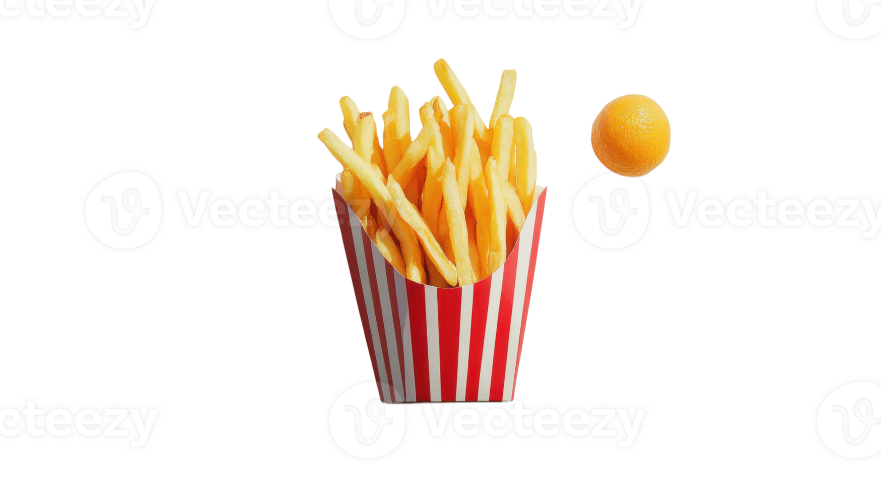 Crispy golden fries in a striped container with a bright orange ball floating above png