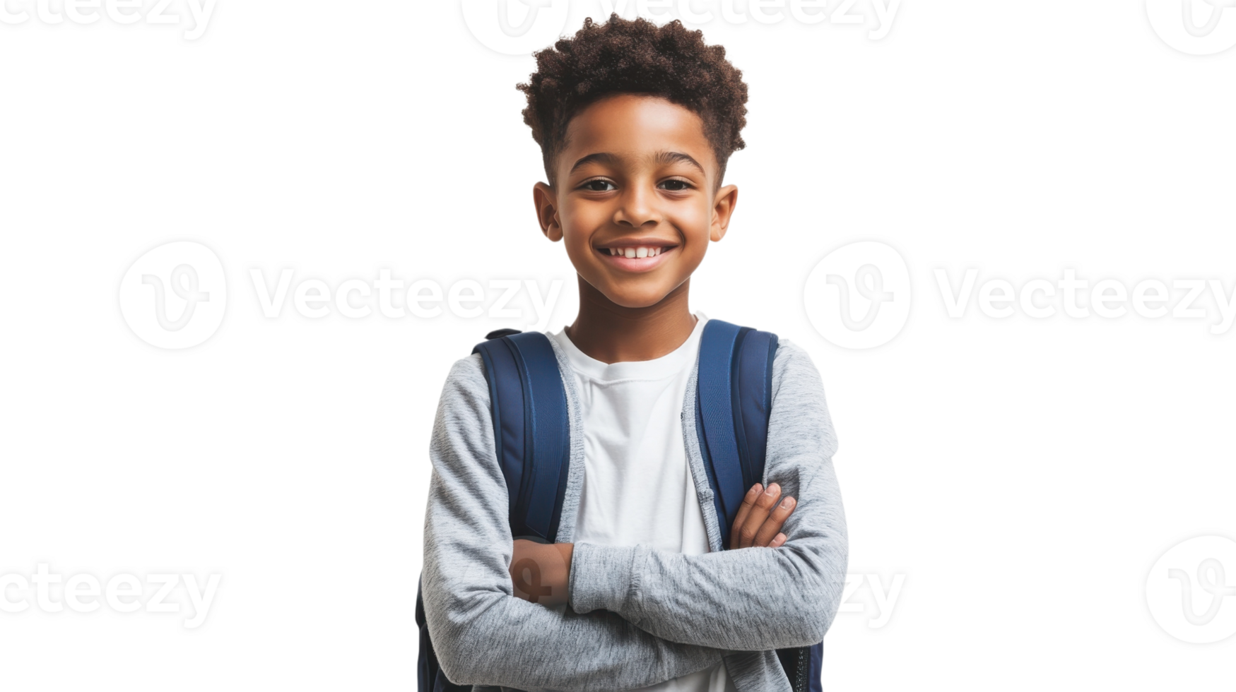 Young boy smiles confidently with backpack, showing readiness for school or adventure in a bright setting png