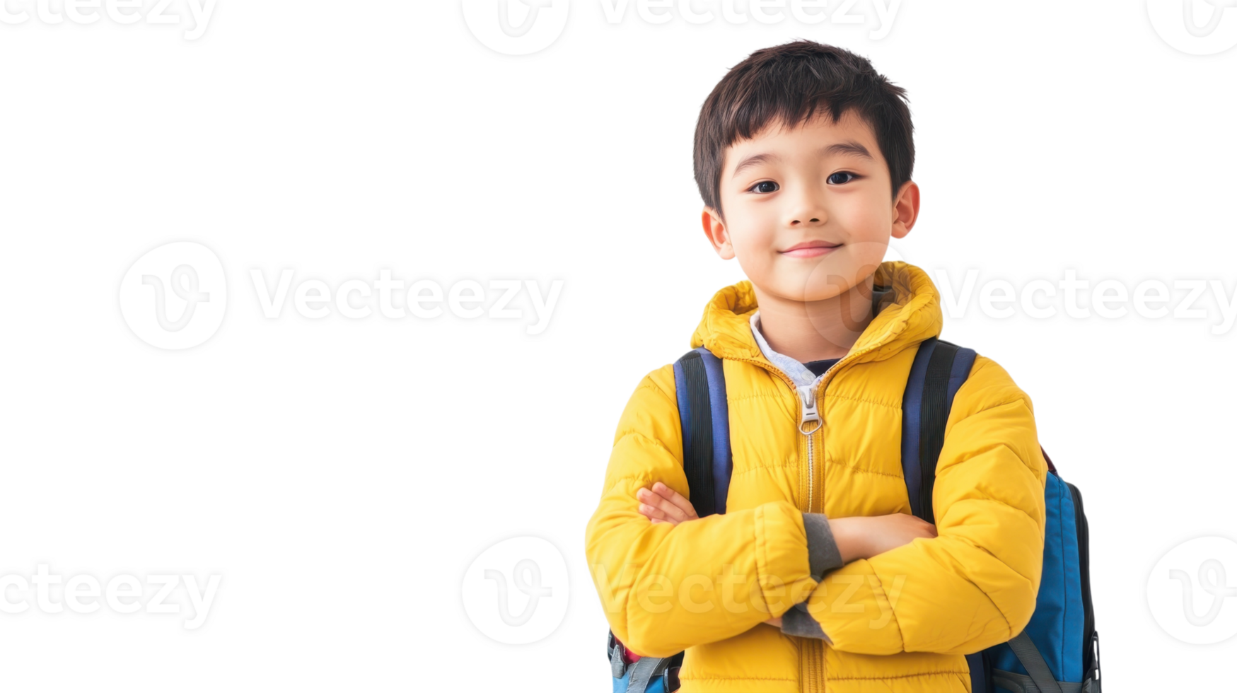 Young boy with a backpack smiling confidently in a bright yellow jacket png