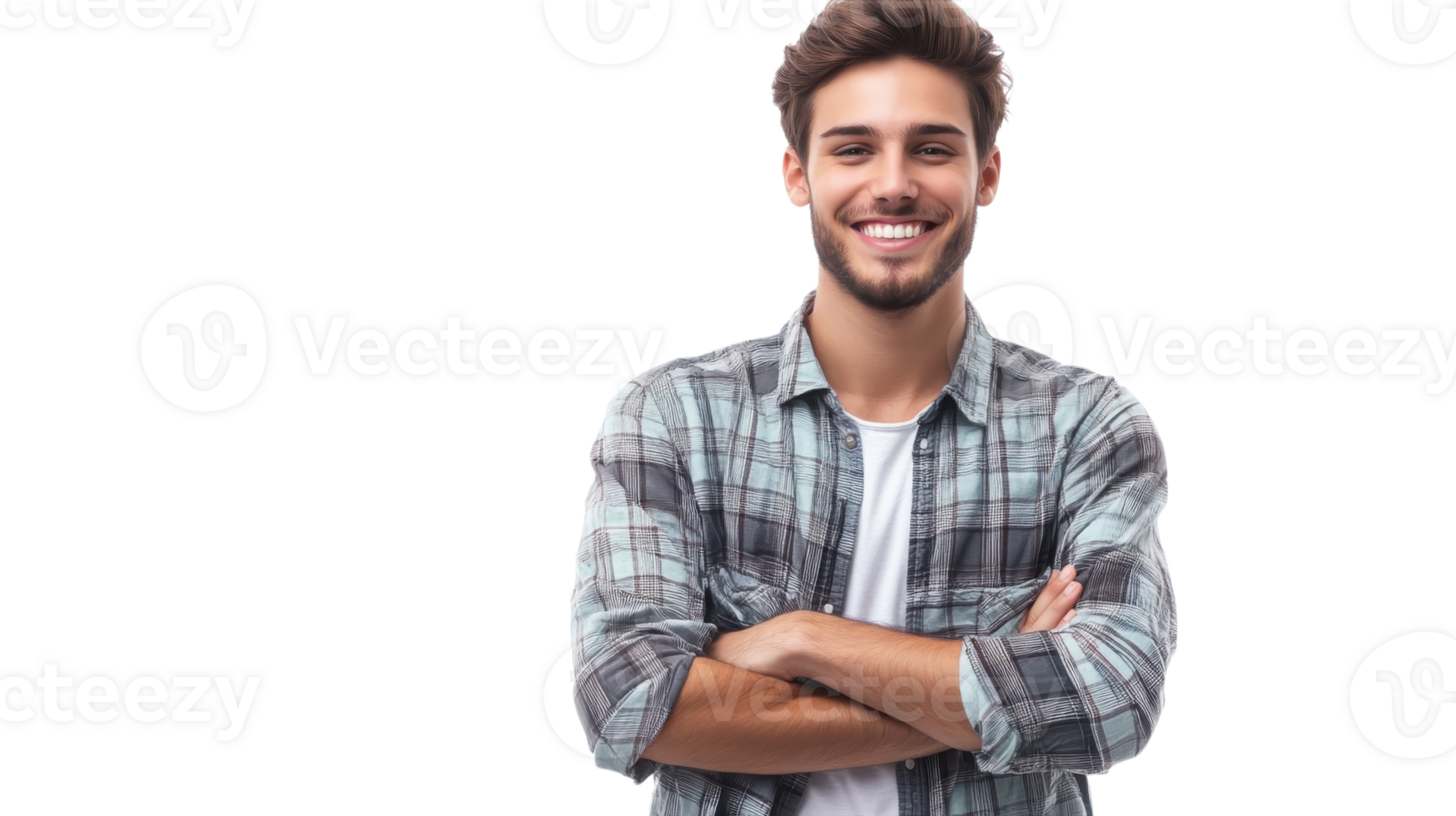 Young man smiling confidently with arms crossed, dressed in checkered shirt against a plain background png