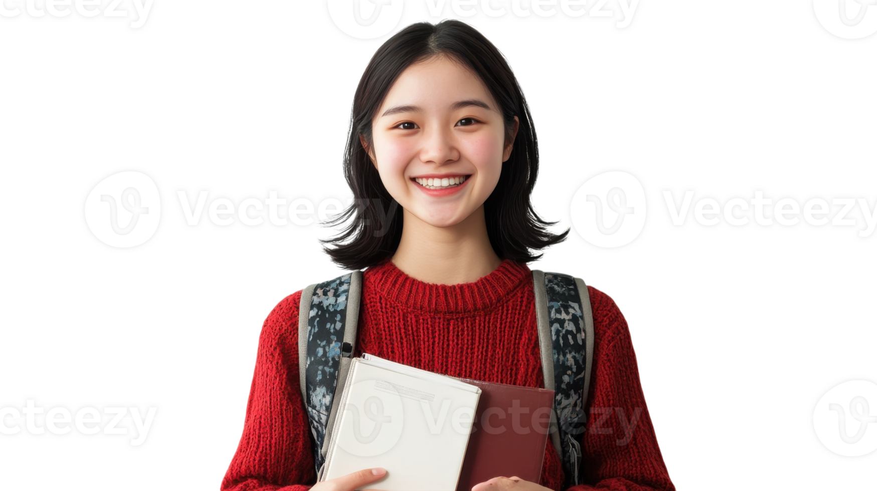 Young student smiling while holding books in a cozy indoor setting during the afternoon png