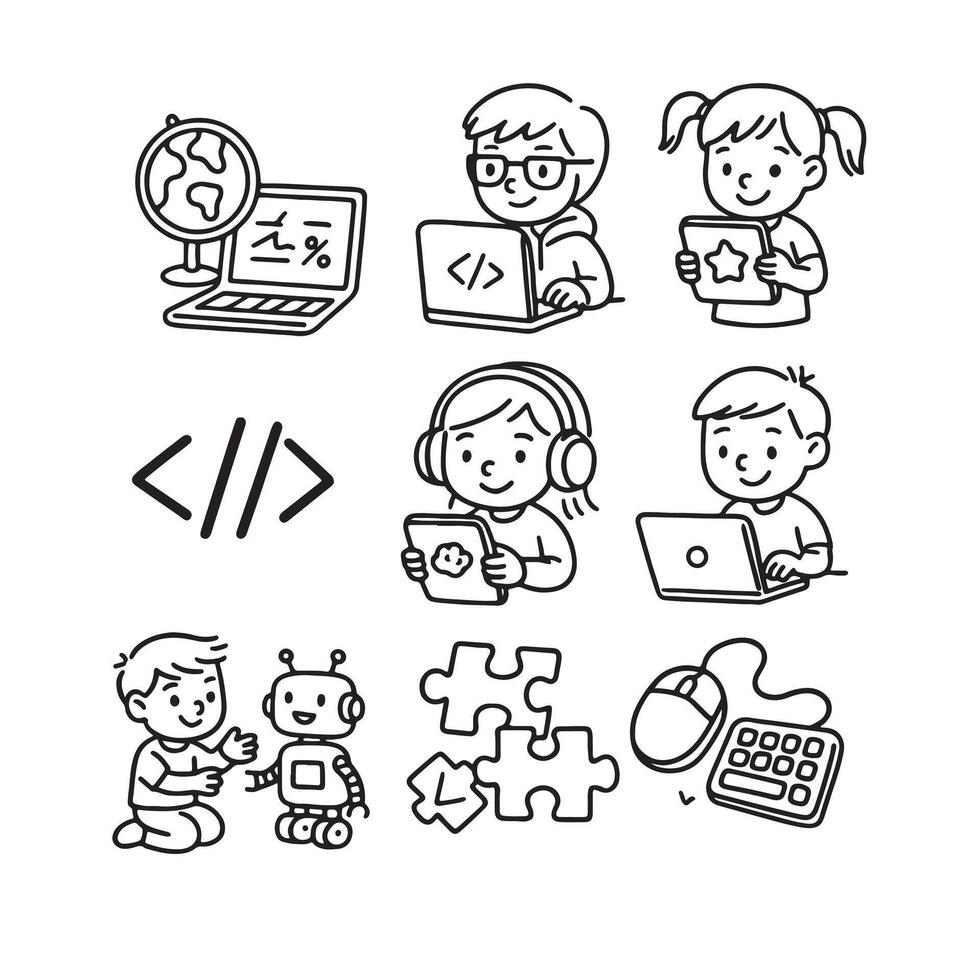 Hand-Drawn Kids Learning Coding Educational Apps Icons Black and White Line Art vector